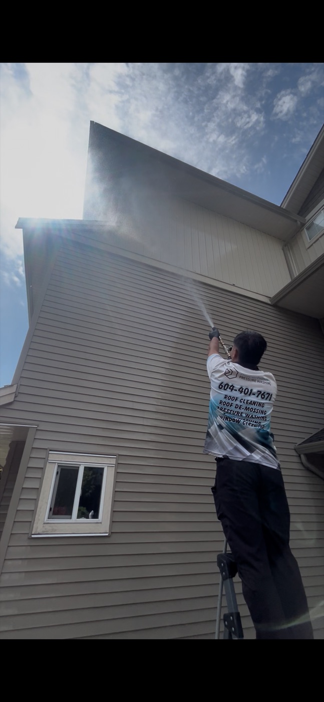 Eco-friendly soft wash being applied to vinyl siding on a Abbotsford home