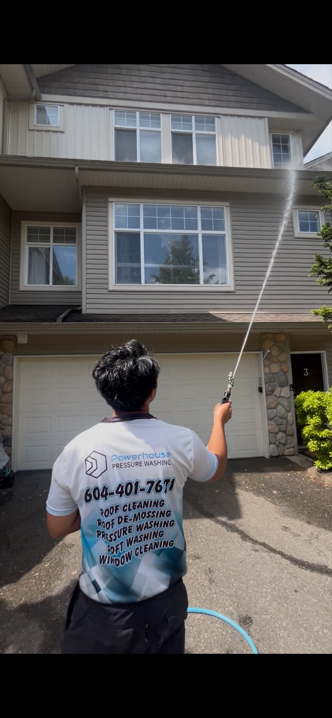 Powerhouse Pressure Washing crew washing a townhouse exterior in Clearbrook, Abbotsford