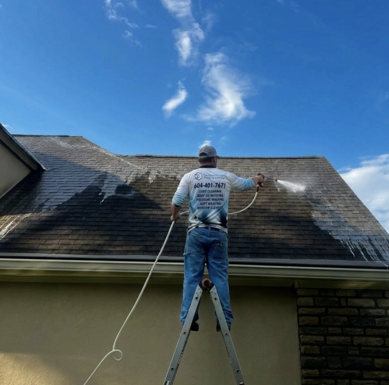 Powerhouse Pressure Washing crew soft-washing the upper windows of a stucco home in Abbotsford, BC